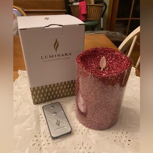 NWT LUMINARA Glitter Candle Pillar 5” tall RED ROSE PINK New in box Flameless!